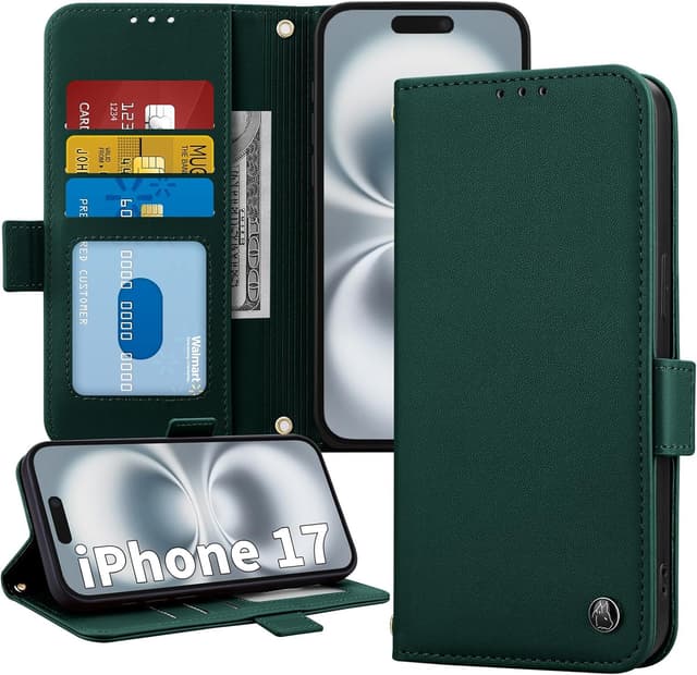 Detalle de ONETHEFUL Handyhülle für iPhone 17 (6,3 Zoll) – Flip Wallet Case mit Standfunktion, RFID-Schutz und 3 Kartenfächern, grün