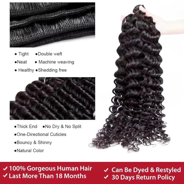 Detalle de 12A Deep Wave Human Hair Bundles (22/22/24/24 inch) Brazilian Virgin Deep Curly Quick Weave — 4 Bundles