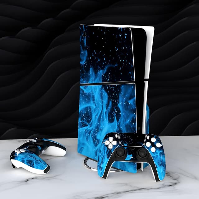Detalle 2 de playvital Full Set Skin Sticker for PS5 Slim Disc Edition (Blue Flame) – vinyl decals for console, controller, headset & more