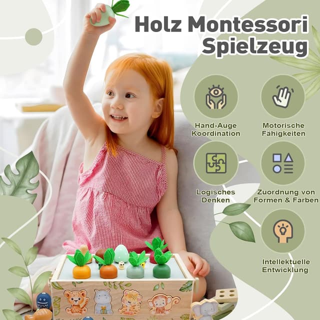 Detalle 2 de Montessori Safari Motorikwürfel aus Holz (ab 1 Jahr) – 9-in-1 Motorikspielzeug