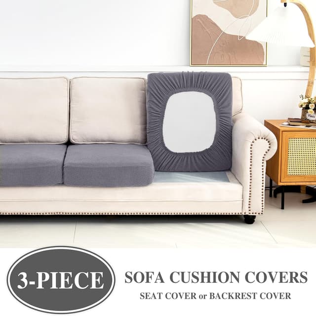Detalle de LA MEACK Stretch Couch Cushion Covers (3-Piece) for Seat or Sofa Backrest, Light Grey