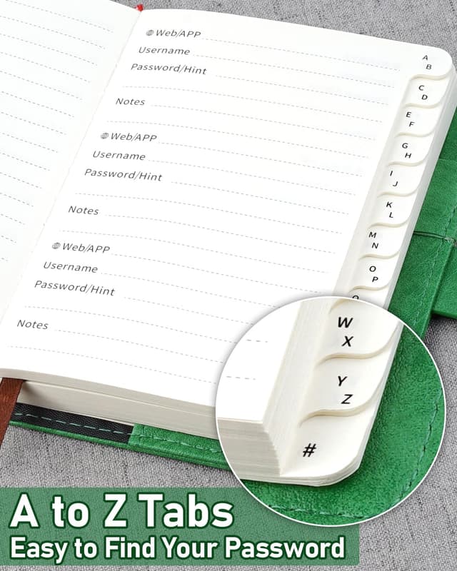 Detalle de WEMATE Passwortbuch mit Schloss (grünes Gras) – abschließbarer Passwort-Organizer mit alphabetischen Registern