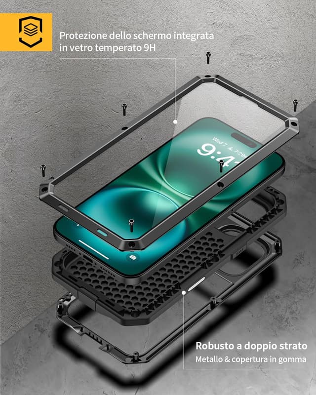 Detalle de Focusor Cover per iPhone 16 Pro Antiurto Rugged full body con protezione schermo 360° e accesso completo alle funzioni – Nero