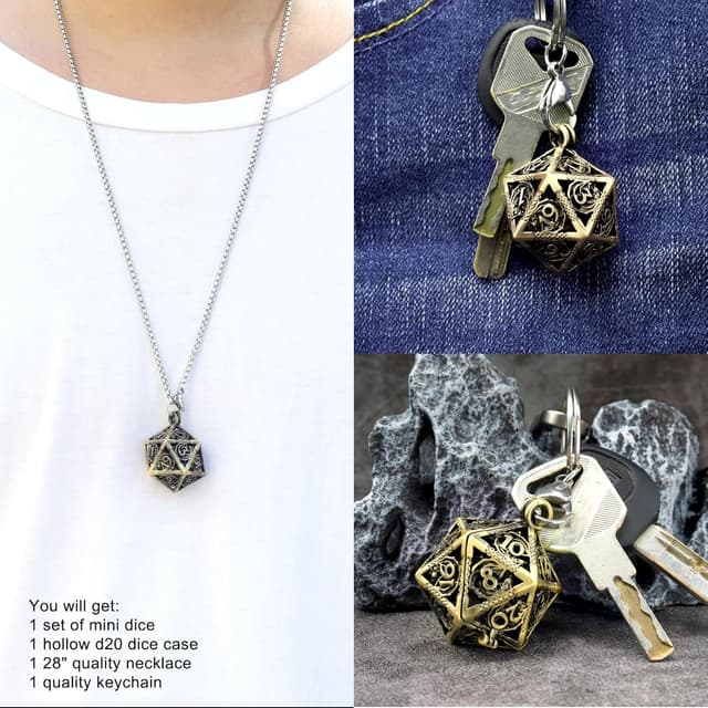 Detalle 2 de Haxtec Mini-DND-Würfel-Set aus Metall (7-teilig) mit bronzefarbener D20-Halskette