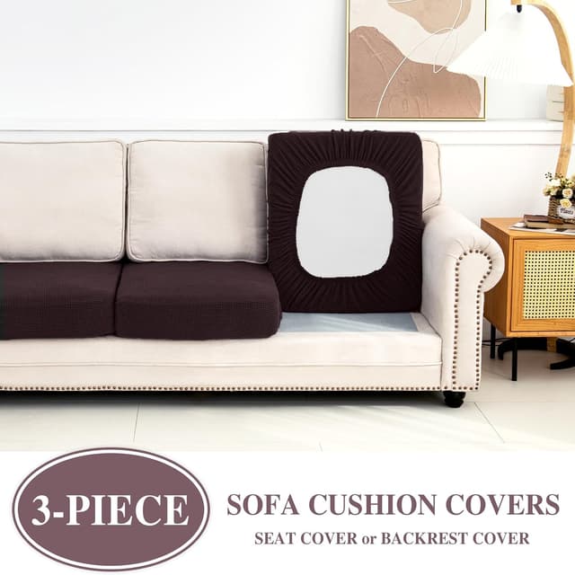 Detalle de LA MEACK Stretch Couch Cushion Covers (3-Piece) for Seat or Backrest, Brown