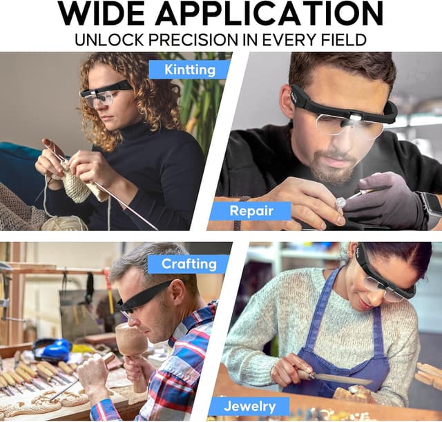 Thumbnail 6 de Exgoon Lupe mit Licht: 1.5X–5X Lupenbrille mit 3 LEDs & 4 Wechselgläsern für Brillenträger (schwarz)