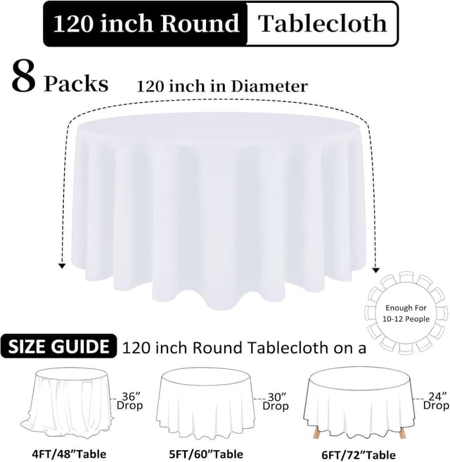 Detalle de Heneger 8-Pack White Round Tablecloths (120-Inch Diameter) – Polyester, Stain & Wrinkle Resistant
