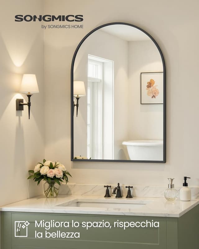 Detalle 2 de SONGMICS specchio da bagno a parete ad arco con cornice in alluminio LWM011BD01, 91 x 61 cm nero inchiostro