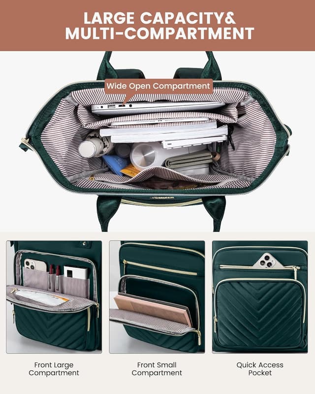 Detalle de LOVEVOOK Damen-Rucksack für 15,6 Zoll Laptop (wasserdicht) – Dunkelgrün