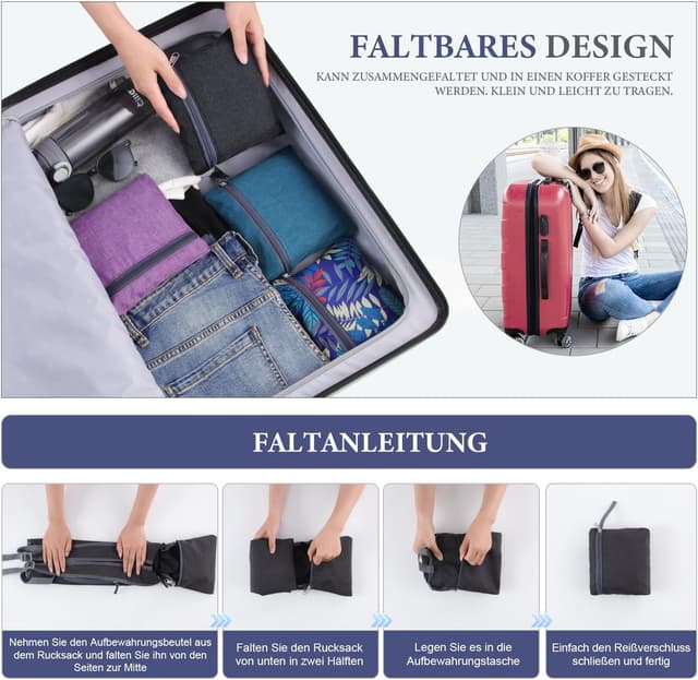 Detalle 2 de BECOJADDE 15L faltbarer Rucksack – leichter Tagesrucksack für Wandern, Reisen und Alltag (wasserabweisend) in Schwarz