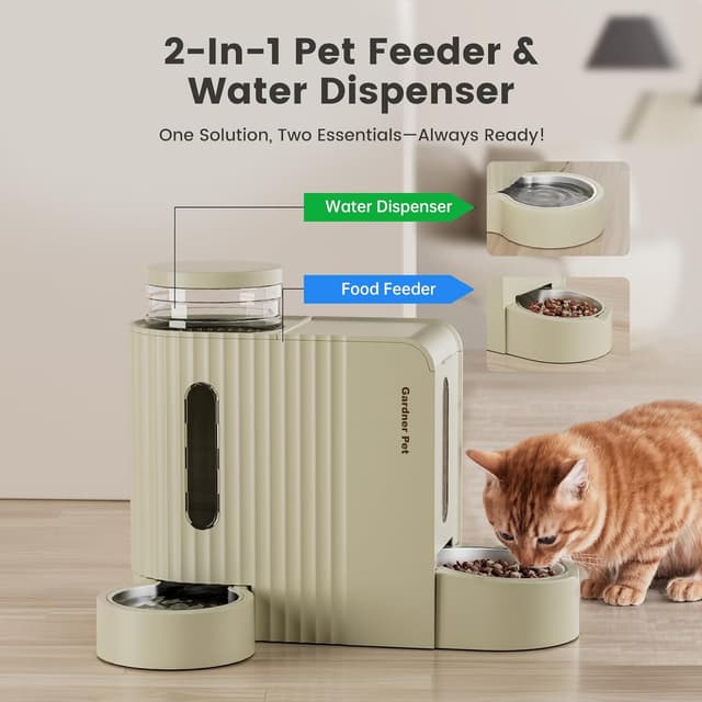 Detalle de Gardner Pet automatischer Futter- und Wasserspender für Katzen/Hunde (2 Näpfe, 3 L + Edelstahl, ohne Strom) – Beige