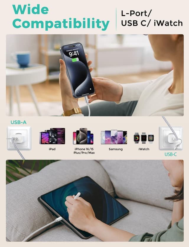 Detalle de Amasuki Weiß 2er-Set 3-in-2 USB‑C Kabel für Apple Watch & iPhone