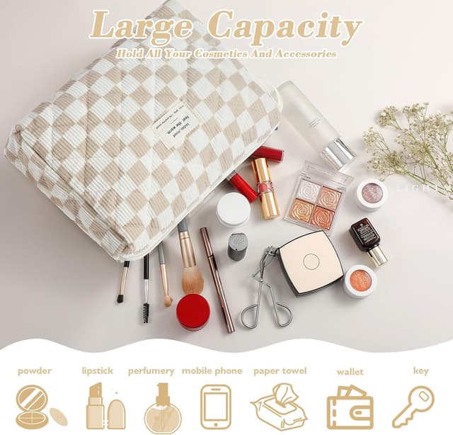 Detalle de BuyCard Kosmetiktaschen 3er-Set Damen aus Cord (Khaki Check) – Kulturtasche & Waschtasche