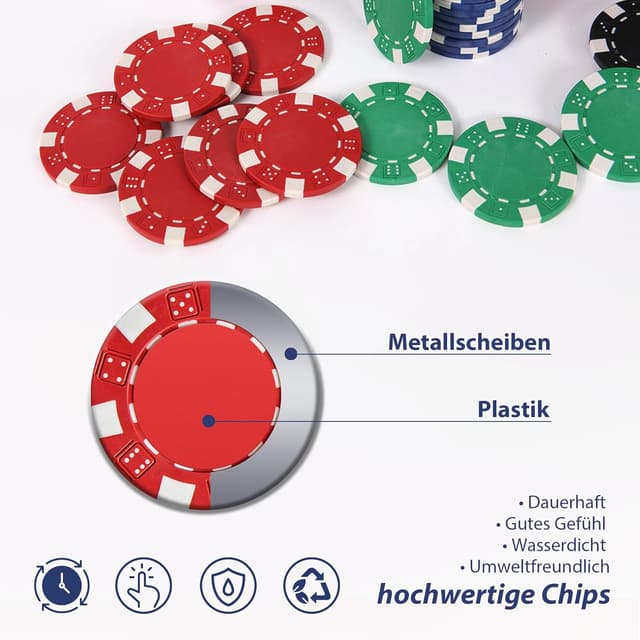 Detalle de PLAYWUS Pokerkoffer mit 500 Laserchips, 2 Pokerdecks & 3 Button – Komplettset im Aluminiumkoffer