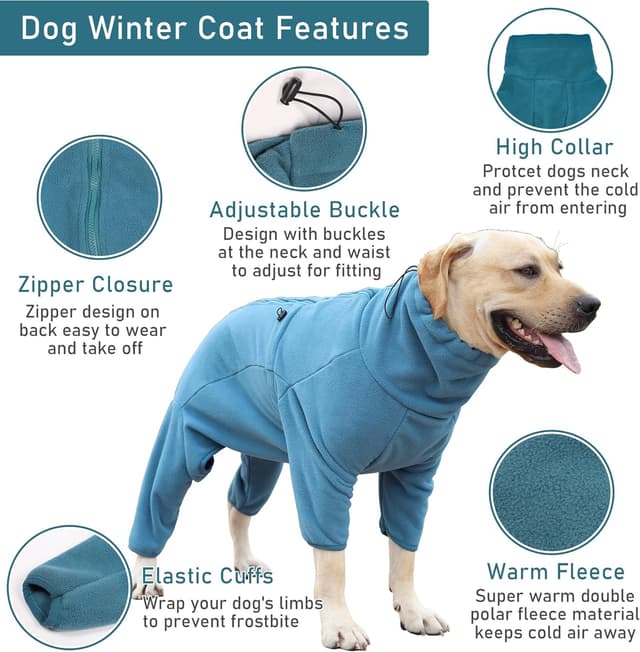 Detalle 2 de Leberna Cosy Fleece Dog Coat (Full Body Jacket) – Adjustable Zip Jumpsuit in Turquoise, XL