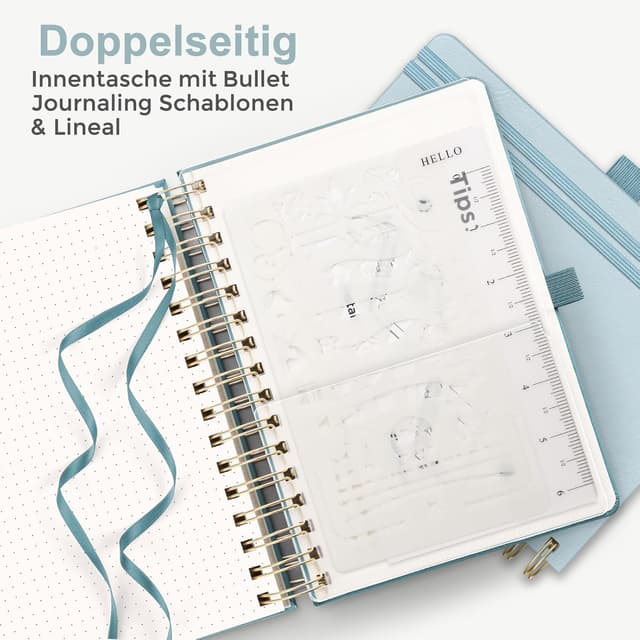 Detalle de RETTACY A5 Dotted Bullet Journal mit 100 g/m² Papier (150 Blatt) und Lederhülle, Grau-Blau