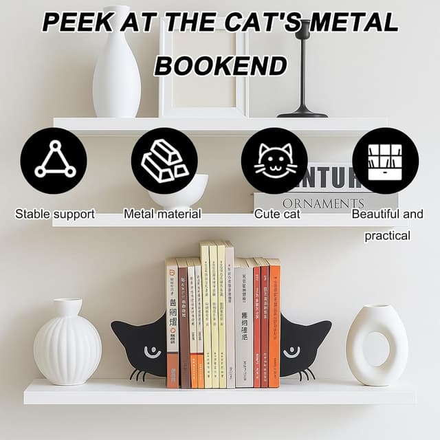Detalle de Metal Cat Bookends for Books, Heavy Duty