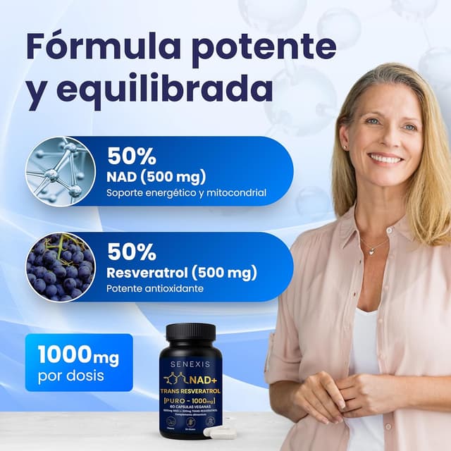 Detalle de SENEXIS Nad Resveratrol Puro 1000 mg (60 cápsulas veganas): apoyo de energía celular y cognición