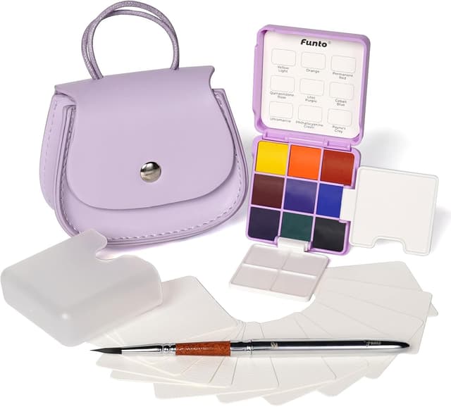 Thumbnail 6 de Funto Faltbares Taschen-Wasserfarben-Set mit 2 Paletten und Lederhülle (9 Farben) – Reise-Skizzenkit