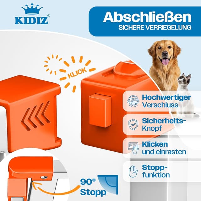 Detalle de KIDIZ Absperrgitter zum Klemmen mit Katzenklappe (Türschutzgitter), ohne Bohren – schwenkbar, Weiß/Orange, 81–87 cm