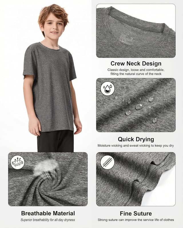 Detalle de NebuKinex Boys 6-Pack Athletic Shirts (Youth, Quick-Dry, UPF 50+)