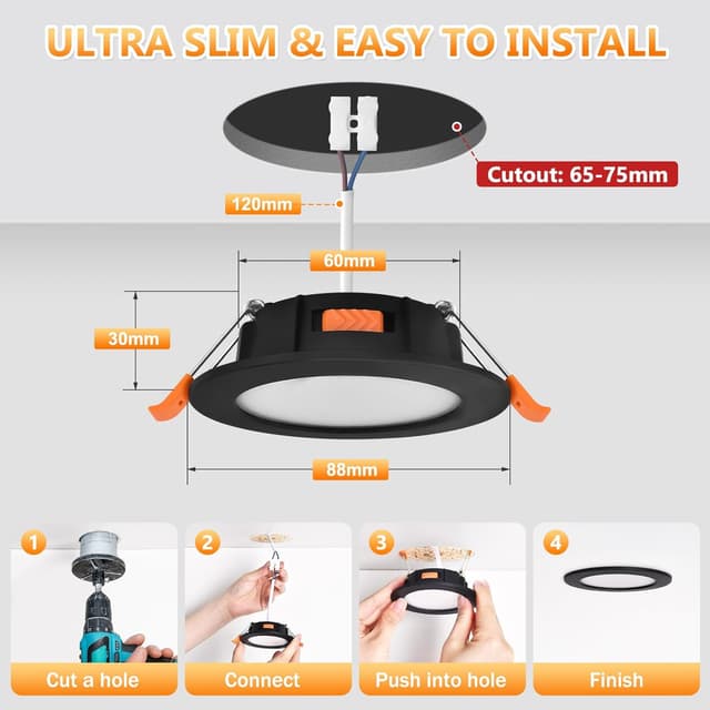 Detalle 2 de YindaLux Einbaustrahler LED 230V dimmbar 5W (10er-Set) in Schwarz, IP44, 3CCT