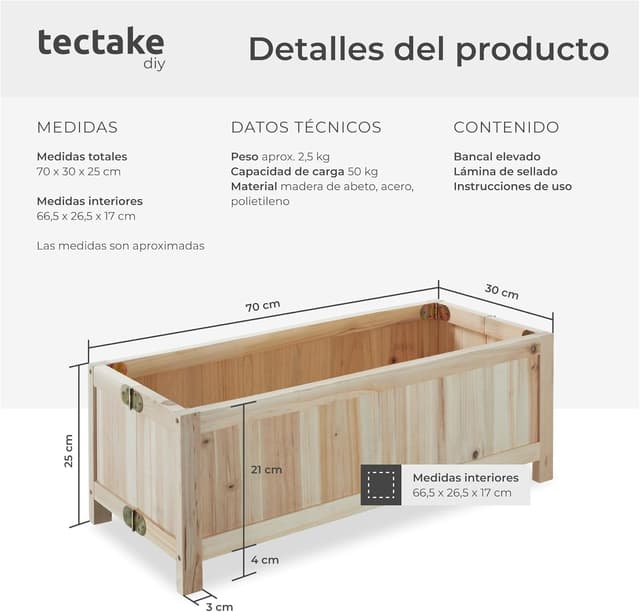 Thumbnail 5 de tectake® Jardinera Exterior Rectangular 30 x 70 x 25 cm