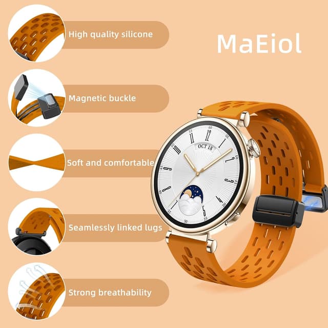 Detalle 2 de MaEiol 18mm Silicone Strap with Breathable Design for Huawei Watch GT 6/5/4 (41–42mm) & Select Garmin Models – Yellow