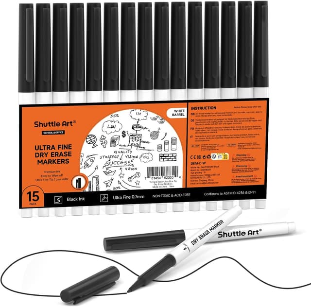 Detalle de Shuttle Art Ultra Fine Tip Whiteboard Pens (15-pack) – 0.7mm Black dry-erase markers