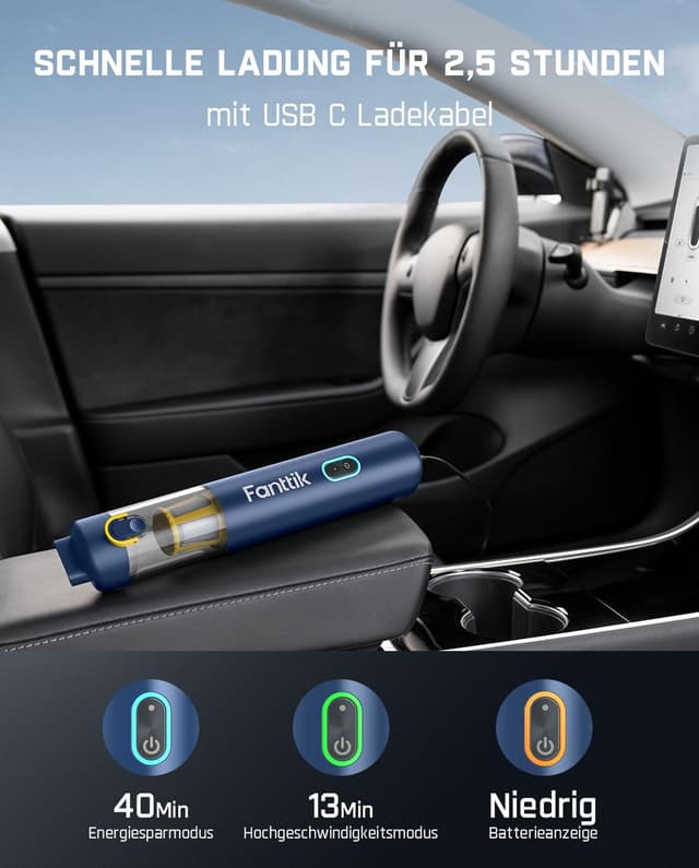 Detalle de Fanttik Slim V8 APEX Akku-Autostaubsauger (4-in-1) mit 19.000 Pa/45 AW, 2 Saugmodi und HEPA-Filter