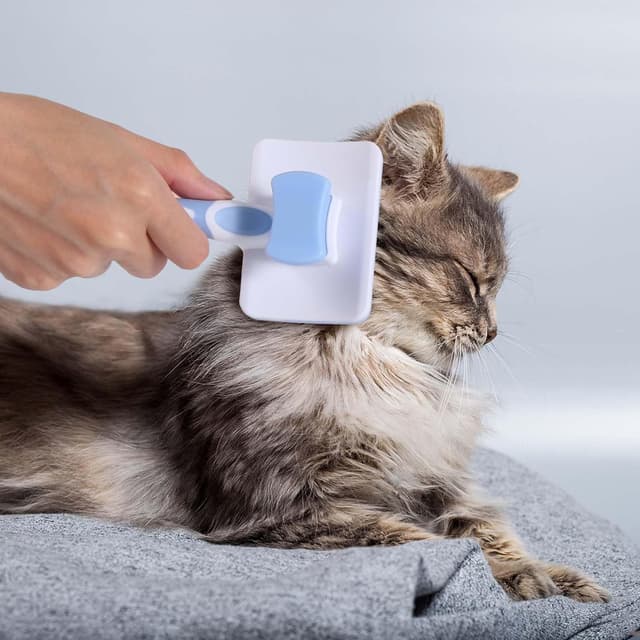 Detalle de Vinabo selbstreinigende Katzenbürste für Kurz- & Langhaar (One-Click, Unterfell) in Blau