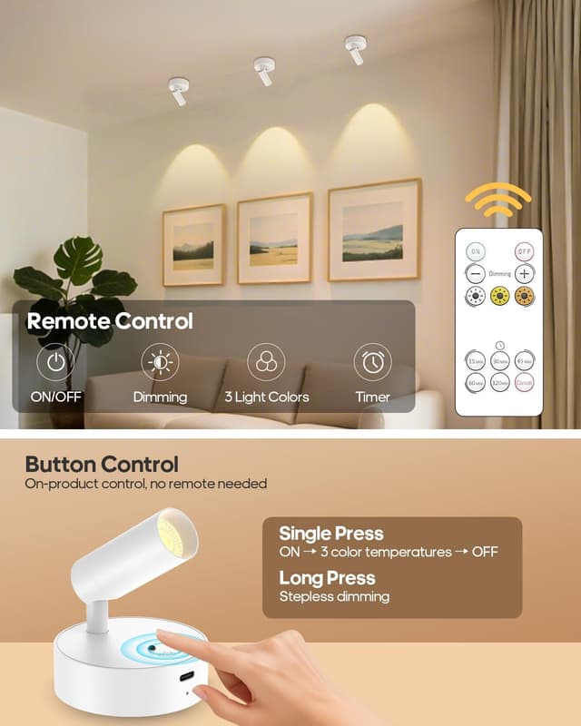Detalle de Battery Operated Indoor Spot Light with Remote, 3000mAh USB-C Rechargeable 3-Colour Dimmable Picture/Plant Uplight