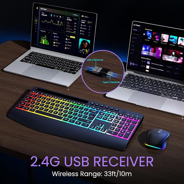 Detalle 2 de VEILZOR Wireless Keyboard and Mouse Set with 9 RGB Backlit Effects and Wrist Rest (2.4G Rechargeable)