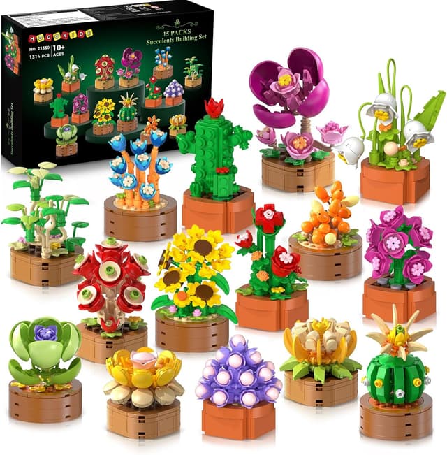 Detalle de HOGOKIDS 15 Pack Flowers & Succulents Mini Building Set (1314PCS) – 3.6mm Plant-Themed Brick Toys for Ages 6+