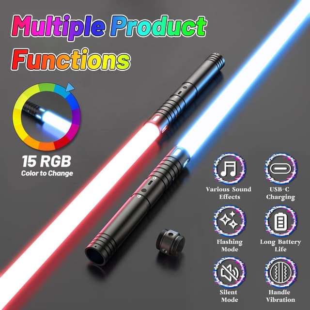 Detalle de CSNDICE kids RGB duelling lightsaber with 15 colours, 4 FX sounds and USB-C recharge