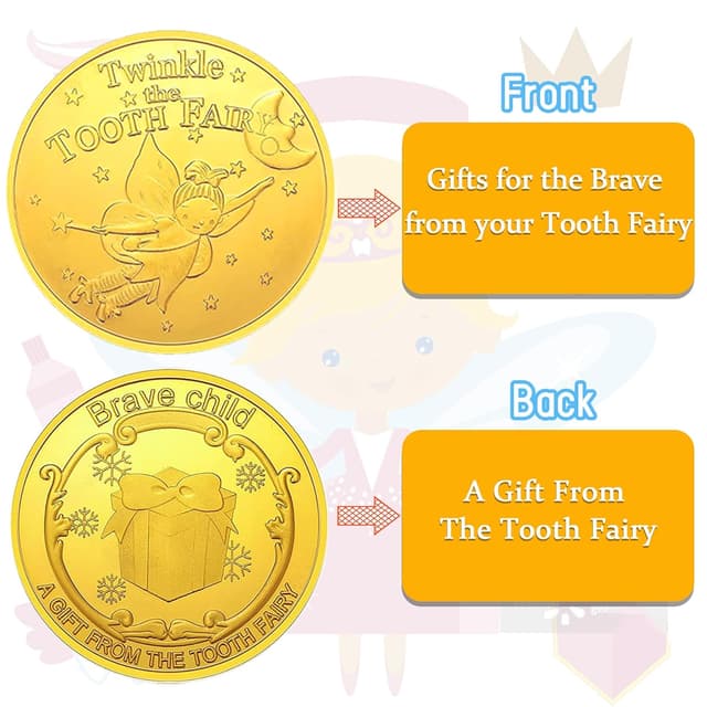 Detalle de VEEKAY Zahnfee Münzen (20 Stück) – Goldtaler mit verschiedenen Motiven als Geschenk für Kinder