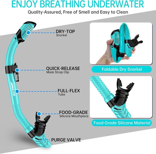 Detalle de JEMULICE Schnorchelset für Erwachsene mit Tauchbrille und Dry-Schnorchel (Anti-Leck, Anti-Fog, gehärtetes Glas)