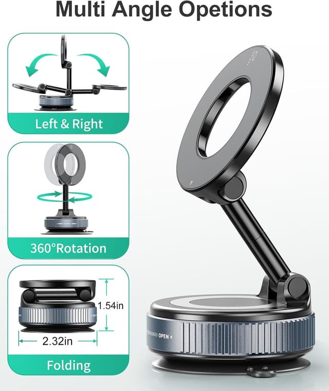 Thumbnail 6 de 2026 Magnetic Suction Phone Mount for MagSafe – 360° Adjustable Vacuum Suction Car Holder (Black)