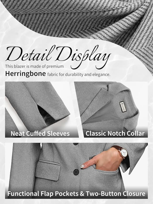 Detalle de ELLEVEN Women’s Herringbone Tweed Blazer (Slim Fit) – Business Casual Work Jacket