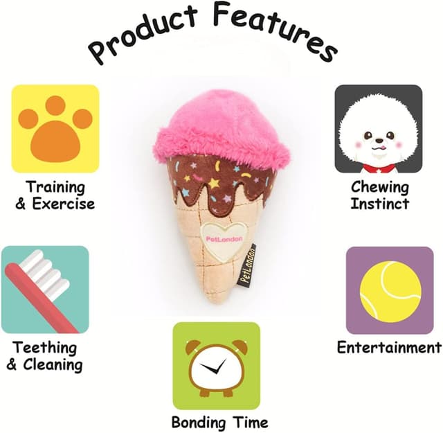 Detalle de Pet London Ice Cream Dog Plush Chew Toy with Squeaky Ball (6")