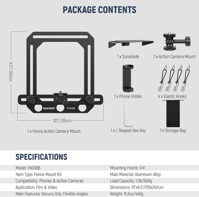 Detalle 2 de NEEWER Zaunhalterung mit Sonnenschutz (PA036B) für Smartphone & Action-Kamera