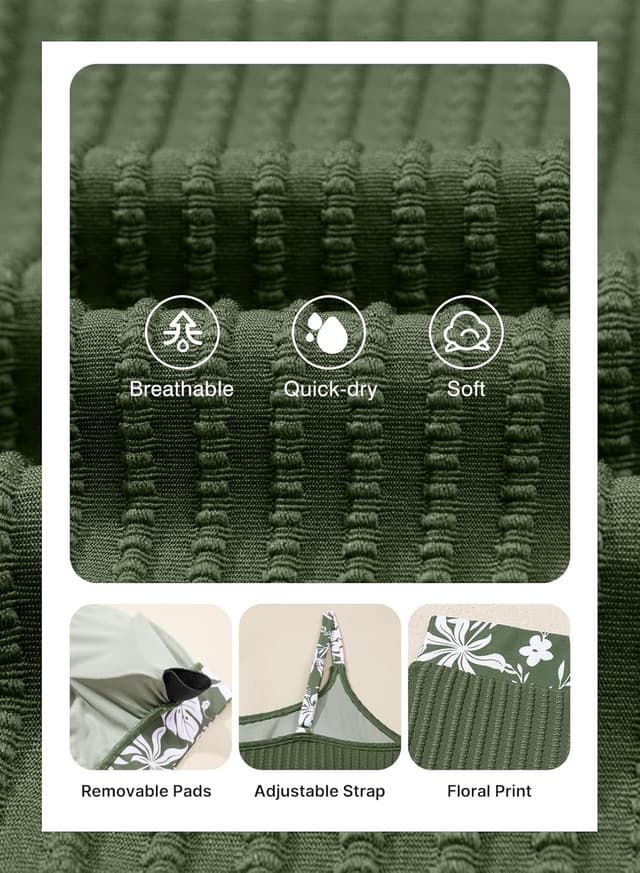 Detalle de Herseas Women’s Textured Floral Trim Scoop Neck Bikini Set (High-Waisted)