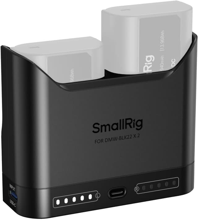 Detalle de SMALLRIG DMW-BLK22 Akkuladegerät für Panasonic – 2-fach Dual-Slot mit USB-C (22,5 W) für Lumix GH5/GH6/S-Serie