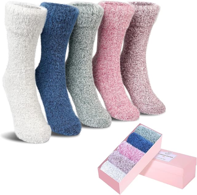 Detalle de ICEIVY Fluffy Fluffy Socks gift set for women – warm wool thermal bed socks, 5 pairs (one size 4–9)