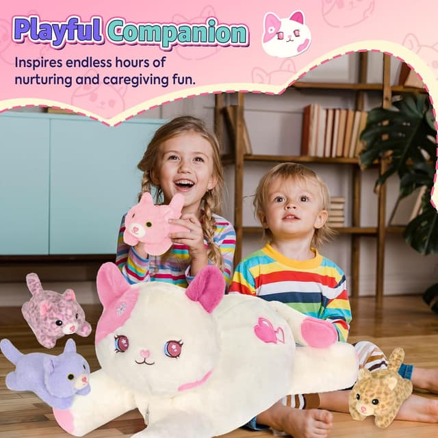 Detalle de shownicer Plüschtier Katzen-Familie: 5-teiliger Plüsch (Katze Mama + Vier Kätzchen) in Rosa