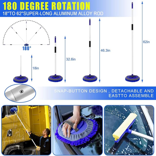 Detalle 2 de 21Pcs Car Wash Kit with 62" Car Wash Brush Mop, Bucket Filter, Squeegee & Detailing Brushes (Blue)