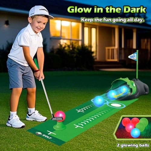 Detalle de Clemas set de golf para niños con devolvedor automático de bolas LED y dinosaurio (3 palos, 3 a 8 años)