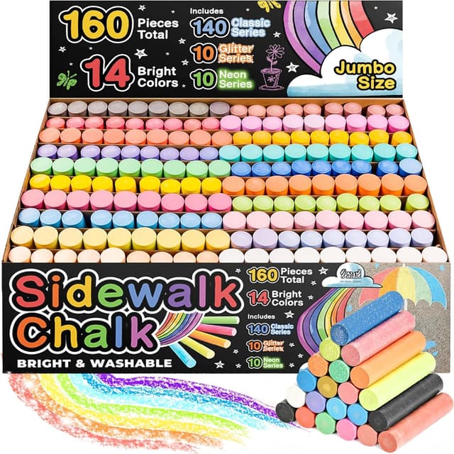 Detalle de 160-Piece Jumbo Sidewalk Chalk Set for Kids (14 Colors, 10 Neon + 10 Glitter)