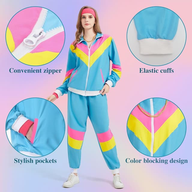Detalle 2 de Coseaon 80er/90er Trainingsanzug-Set für Herren & Damen – Jacke, Hose und Retro-Accessoires