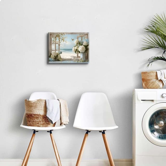 Detalle de Coastal Window Beach Wall Art Canvas – Blue Hydrangea Floral Seascape (12x16 inch, 1 panel)